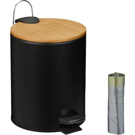 Poubelle cosmétique 5 L, fermeture amortie, seau intérieur amovible, poubelle de salle de bain, métal, bambou, sac poubelle, noire (1/5)