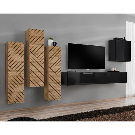 Ensemble Meuble TV "Switch Lamel III" 330cm Noir & Naturel (1/5)