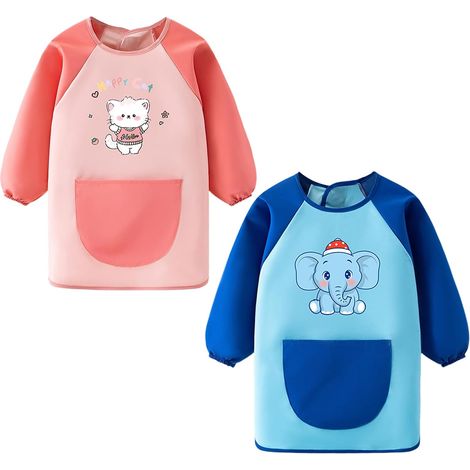 2 Pièces Tablier Peinture Enfant 4-6 Ans, Tablier Cuisine Enfant avec Manches Longues et 1 Poche, Kids Art Smock Imperméable, Enfants Peinture Manteau Rose et Bleu pour L'école Activités Coloriage (1/5)