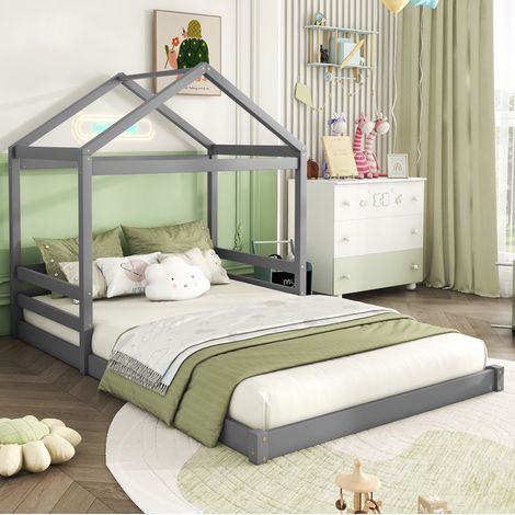 Cama infantil en forma de casa de madera de pino y MDF gris 140x200 cm con somier de láminas (1/5)