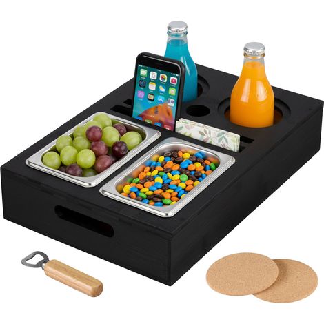 Relaxdays Couchbar, Bambus, Edelstahlschale für Snacks, Getränke- & Weinglashalter, Untersetzer, Couchorganizer, schwarz (1/5)