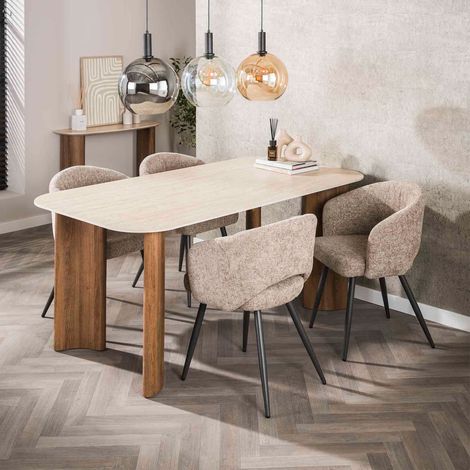Table repas 180cm travertin + 4 fauteuils tissu texturé sable - KRIOLA (1/5)