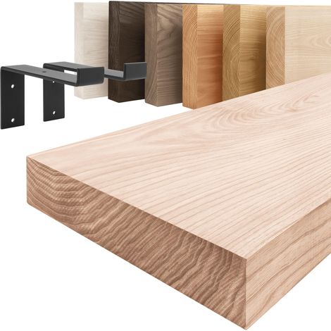 LAMO Manufaktur étagère murale en bois massif, bord régulier, étagère de rangement Original, bois brut / équerre noire 120cm, LWG-01-A-001-120ZS