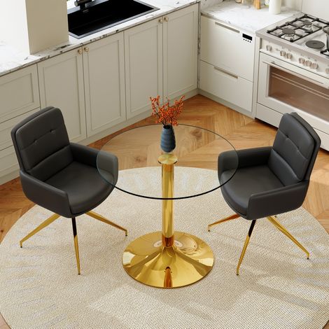 Conjunto de mesa y sillas de comedor, 85 cm de diámetro y 76 cm de alto, cristal templado, metal dorado, negro y transparente (1/5)