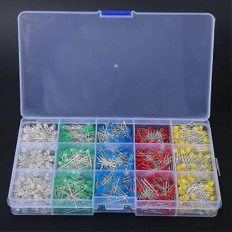 Kit de 1000 diodes électroluminescentes (LED) de 3 mm, couleurs assorties : rouge, jaune, bleu, vert et blanc. (1/5)
