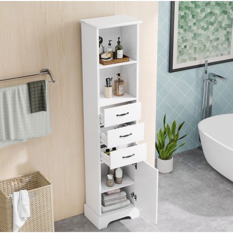 Armadio bagno alto 38 x 26 x 172,5 cm, MDF verniciato, bianco, 3 cassetti (1/5)