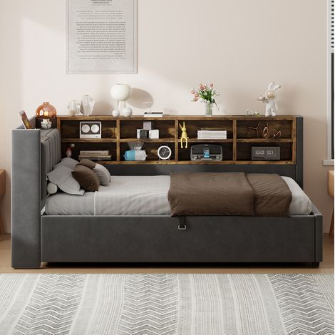 Letto 90x200 cm in velluto grigio scuro con contenitore idraulico, senza materasso – MEUBLIV (1/5)