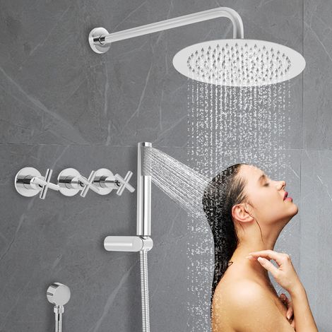 Système de douche, ensemble de robinetterie de douche en laiton, pomme de douche ronde à jet pluvial haute pression de 25 cm, avec douchette à main, montage mural, finition chromée (1/5)