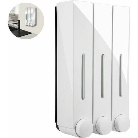 Dispenser da doccia a parete con scomparti portaoggetti - Contiene shampoo, sapone, balsamo, bagnoschiuma, lozione - Scomparti trasparenti, pulsante - Ogni scomparto contiene tre capsule - Bianco (1/5)