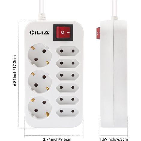 Multiprise CILIA 9 Prises (3 Schuko + 6 Euro) 3680W Câble 1,5m Sécurité Enfants Design Compact Blanc Bureau Maison (1/5)