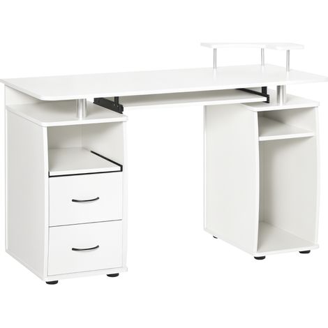Bureau d'ordinateur avec tiroir clavier, étagère CPU, tiroirs et étagère pour scanner, 85x120x55cm, blanc (1/5)