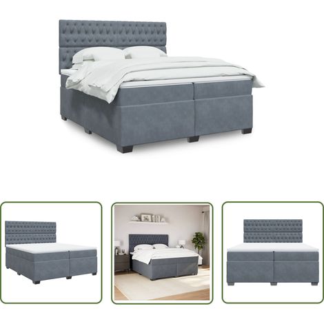 The Living Store Sommier à lattes de lit et matelas Gris foncé 200x200cm Velours - Lit Double - Lit Plateforme - Matelas À Ressorts Ensachés - Literie - Chambre À Coucher (1/5)
