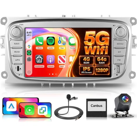 【4+64G】 Carplay Autoradio pour Focus II Galaxy II Mondeo S-Max C-Max avec USB/Type-C, Autoradio 7 Pouces 2 Din Bluetooth avec Android Auto/32 EQ/FM/RDS/SWC+Caméra de Recul,Argent (1/5)