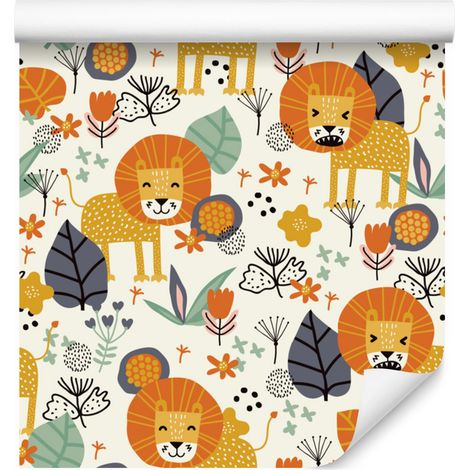 Papier peint Lions, Feuilles, Fleurs et Plantes pour Salon et Chambre 50x1000 cm (1/5)