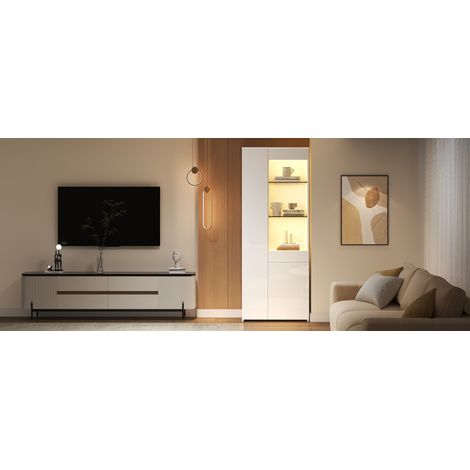 Vitrine 70 x 35 x 180 cm avec tiroirs, finition brillante, vitrine en verre avec éclairage LED, armoire haute, buffet haut avec armoire, vitrine sur pied, rangement compartimenté, charge recommandée 4 (1/5)