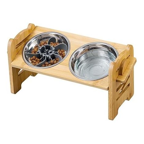 Adjustable bowl - Bamboo - With stand - For small dogs and cats - Non-slip - Stainless steel - Protects joints (1/5)