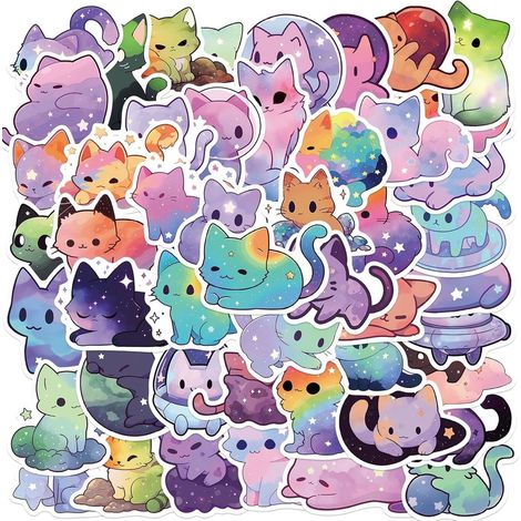 KOWOLL 50 autocollants chat ciel étoilé arc-en-ciel - Vinyle imperméable, mignon et esthétique, pour enfants et femmes (chat ciel étoilé) (1/5)
