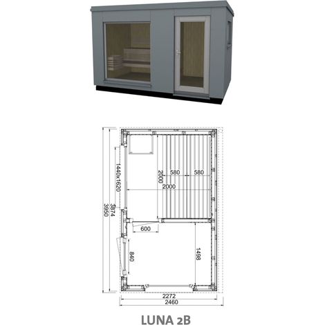Infraworld Luna 2 Außensauna mit HPL-Platten Anthrazit versch. Fenstergrößen und Inneneinrichtung Luna 2B - Panorama-Fenster (BxH): 1440 x 1620 mm, Türe versetzt, 2 Liegen (1/5)