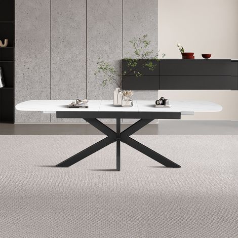 HESTIA Table extensible rectangulaire en pierre frittée blanc pieds en métal noir 180-220 cm (1/5)