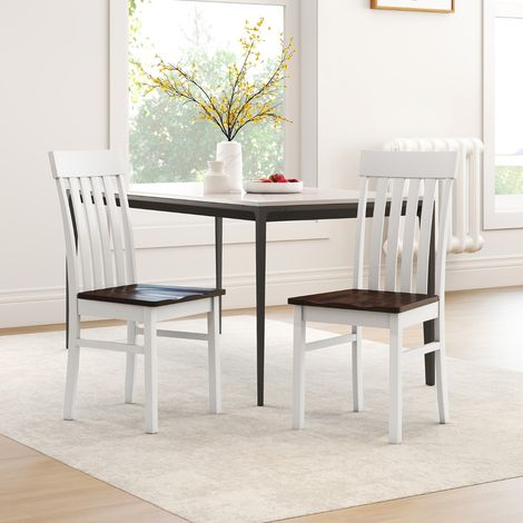 Lot de 2 Chaises de Salle à Manger Chaises de Cuisine sans Accoudoirs avec Dossiers Hauts à Lattes Sièges Concaves Pieds en Bois Blanc+Brun (1/3)