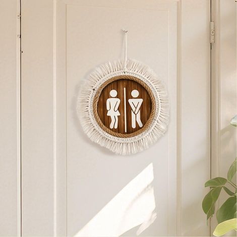 Panneau de toilettes à thème genré, tressé à la main en corde de coton et bois, dimensions 30 x 30 cm (1/4)