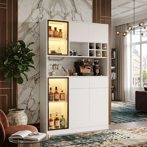 Creahappy Buffet Haut Vaisselier 120x33x200 cm - Vitrine avec Éclairage LED & Porte-Verres - Rangement Salon Salle à Manger - Blanc (1/5)