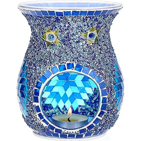 Brûleur d’huiles essentielles, mosaïque Lampe parfumée en Verre, Diffuseur Huile Essentielle et Parfum pour Maison, Chambre, Bureau (Bleu) (1/5)