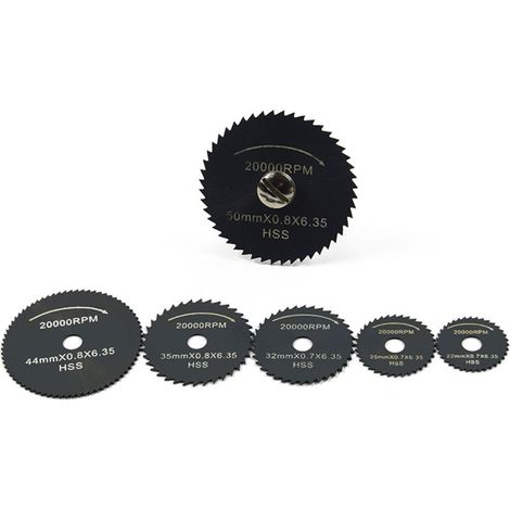 Lot de 7 disques de scie circulaire en acier rapide HSS (acier nitruré), avec rallonge de 3,175 mm (1/8") pour outils rotatifs Dremel, Fordom et autres. (1/5)