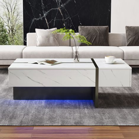 Mesa de centro blanca 105 x 60 x 35 cm con LED, 3 cajones, tablero brillante DESVIAE (1/5)