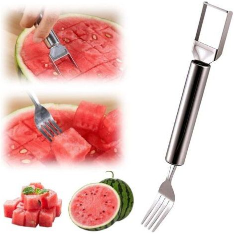 Fourchette à pastèque 2 en 1, couteau à fruits en acier inoxydable pour mangue, melon, pastèque, camping, pique-nique, maison (1 pièce) (1/4)
