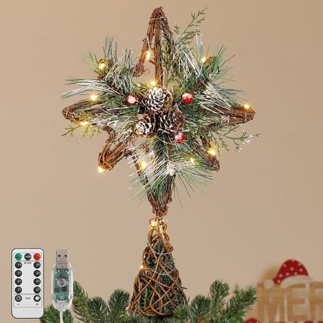 Arbre De Noël, 13,19" 20 LED Étoile Noël en Rotin Rustique avec Pomme Pin Et Feuilles, Minuterie 6H, 8 Modes D'Éclairage, USB Et Télécommande Étoile De Cime d'arbre, Marron (1/5)