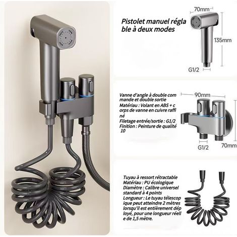 Ensemble de douchette murale pour salle de bain, accessoire de toilette, douchette à main pour bidet, double vanne de commande (1 entrée, 2 sorties) (gris) (1/4)