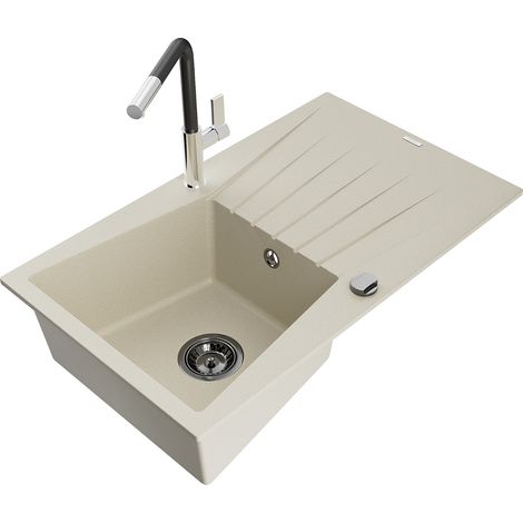 Mexen Cesar 1 Becken-Granitspüle mit Abtropffläche und Mischbatterie Flora, Beige - 6514-69-670401-0