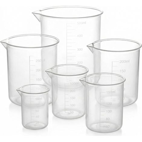 6 Pcs Bécher Gradué en Plastique Transparent 50ml 100ml 150ml 200ml 250ml 500ml pour Cuisine et Laboratoire (1/5)