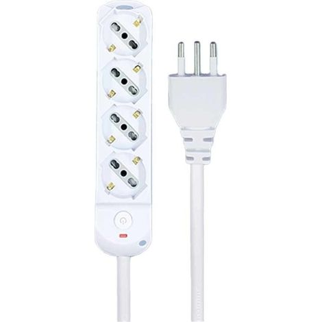 Multipresa Ciabatta Elettrica a 4 Posti 4 Prese Bipasso Schuko 10A/16A con Interruttore e Spina 10A Cavo 1.5 metri Bianco