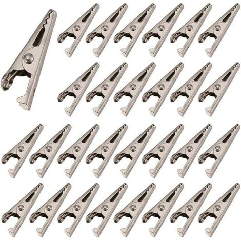 100 Pièces Pinces Crocodiles Miniatures 27mm Métal Nickel Ressort Test Électronique (1/4)