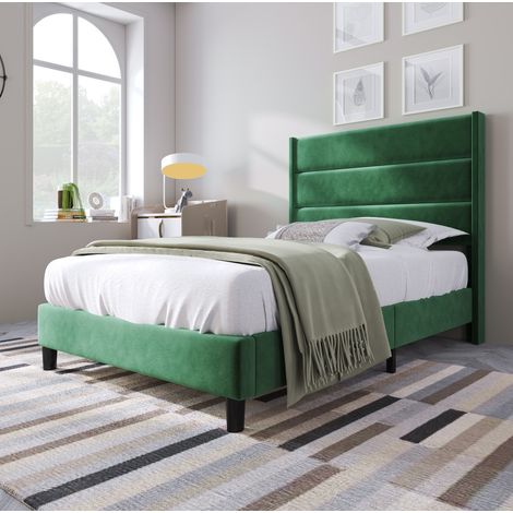 MEUBLIV Cama 90x200 cm verde oscuro – cabecero acolchado, con colchón (1/5)