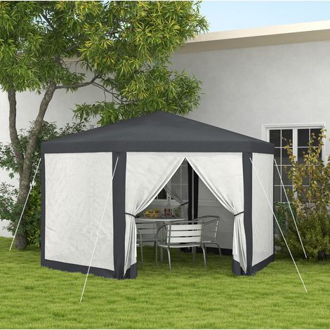 Pabellón de jardín hexagonal de 394x394x250 cm con mosquiteras y techo de poliéster, estructura metálica gris oscuro. (1/5)