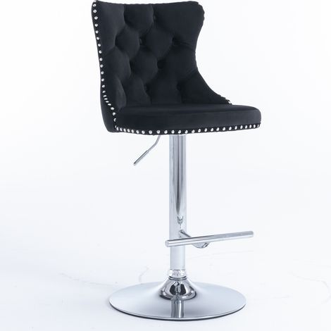 Tabourets de bar pivotants en velours noir, assise réglable 63,5-84 cm, piètement acier chromé, dossier capitonné moelleux, idéaux pour cuisine, pub ou îlot central. Pack de 2, modèle DE1712BK. (1/5)