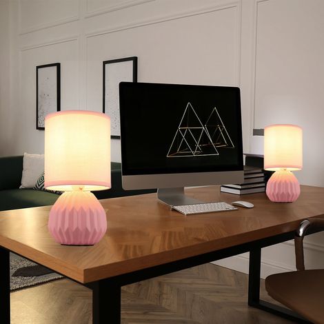 Tischlampe pink Keramik Nachttischlampe Tischleuchte Beistelllampe Wohnzimmerlampe Textil, 1x E14, DxH 12 x 23 cm, 2er Set
