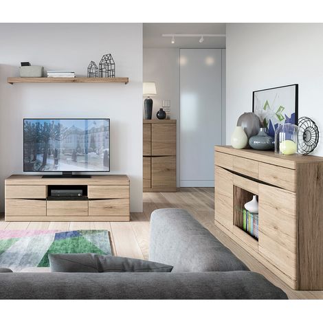 Wohnzimmer Set Lowboard, Wandboard, Sideboard, Highboard mit Beleuchtung SANFORD-129 in Eiche hell Nb. (1/5)