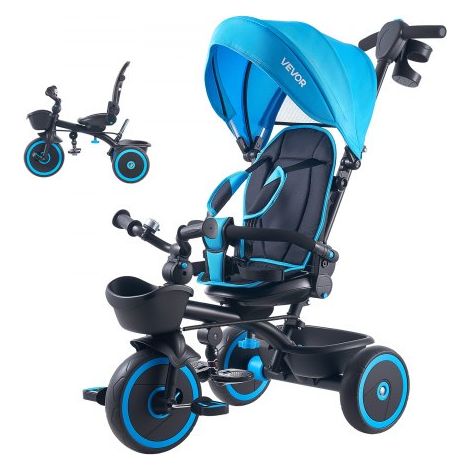 Triciclos para Niños de 1 a 5 Años, Triciclo Infantil con Manillar de Empuje para Padres, Capota, Asiento Ajustable, Espacio de Almacenamiento, Cuadro de Acero al Carbono, Azul y Negro (1/5)