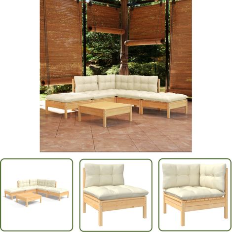 The Living Store Salon de jardin 6 pcs avec coussins crème bois de pin - Ensemble Salon De Jardin - Mobilier De Jardin - Salon De Patio - Meubles De Jardin - Chaise Longue (1/5)