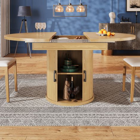 Mesa de comedor extensible 118/158 x 118 x 76,8 cm en acabado nogal con almacenaje (1/5)