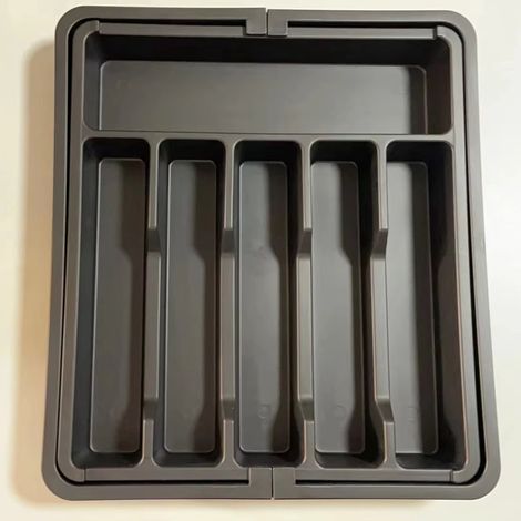 Verstellbarer Besteckkasten – Ausziehbar von 6 auf 8 Fächer – 33–57 x 38 x 5,5 cm – Organizer – Schwarz – Schubladeneinteiler – Kunststoff
