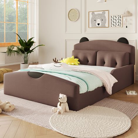Lit simple / Lit double 140x200 cm, tête de lit en forme d'ours, avec 2 coussins, en lin, coffee (1/4)