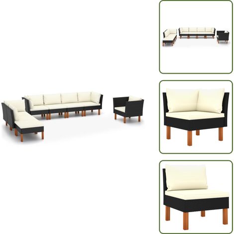 8-tlg. Garten-Lounge-Set Poly Rattan Eukalyptusholz Schwarz - Gartensitzgruppe - Lounge-Set - Gartenmöbel - Outdoor-Möbel - Rattanmöbel