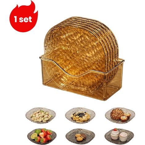 Ensemble de 6 assiettes à fruits et apéritifs transparentes à motif ondulé avec boîte de rangement finition dorée (1/5)