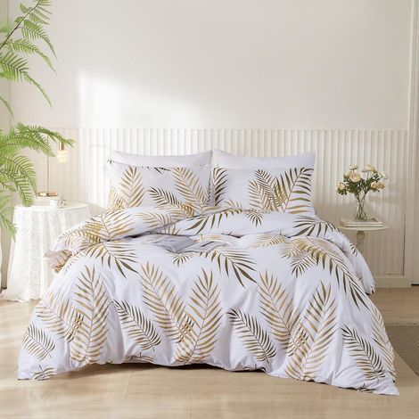 Linge de lit 220x240 cm motif feuilles, 3 pièces, microfibre, or/blanc