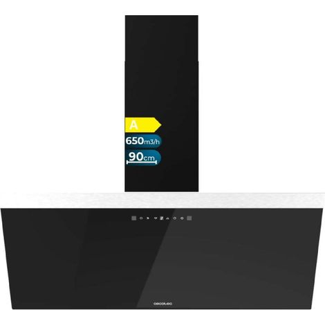 Campana decorativa bolero flux dt 906500 glass black a de 90cm de ancho, acabado frontal vidrio negro, chimenea negra, succión 650m3/h, motor 165w, clase a, control táctil, 3 niveles de potencia.